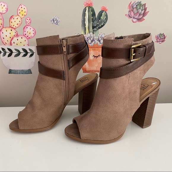Faux Suede Peep Toe Open Back Brown Booties